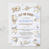 かわいい男の子の飛行機テーマ第1誕生日パーティー 招待状 (正面)