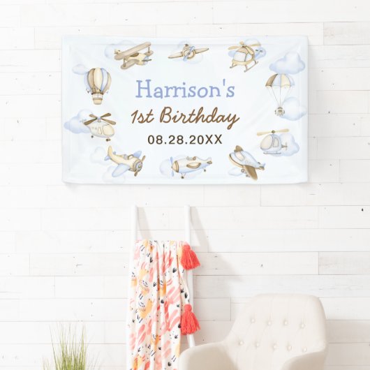 かわいい男の子の飛行機テーマ第1誕生日パーティー 横断幕 (インサイチュ)