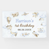 かわいい男の子の飛行機テーマ第1誕生日パーティー 横断幕 (横)