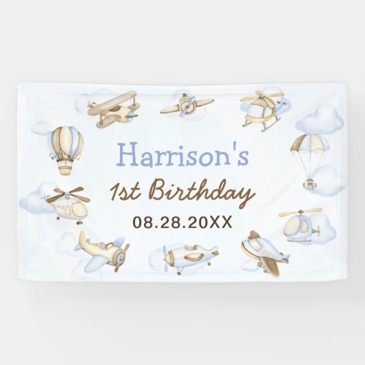 かわいい男の子の飛行機テーマ第1誕生日パーティー 横断幕 (横)