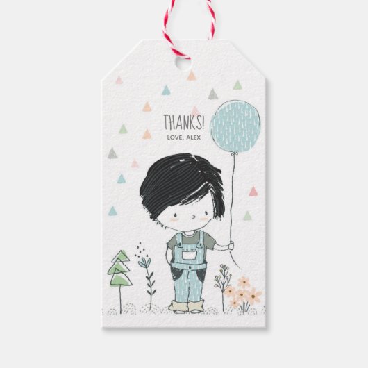 かわいい男の子の黒髪の誕生日ありがとうラベル ギフトタグ (正面)