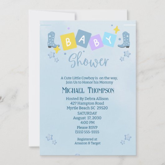 かわいい男の子カウボーイ赤ちゃんシャワー招待状 招待状 (正面)