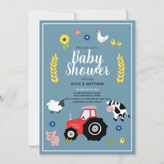 かわいい男の子カントリーファーム動物トラクターベビーシャワー 招待状 (正面)