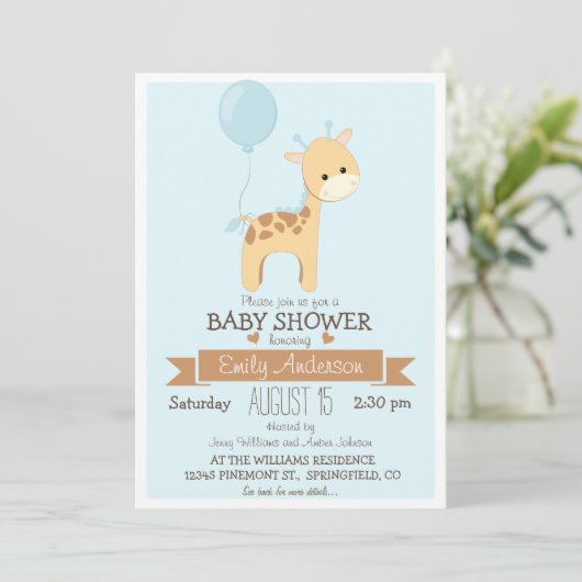 かわいい男の子キリン、ジャングル動物園の動物の赤ちゃんシャワー 招待状 (スタンド正面)