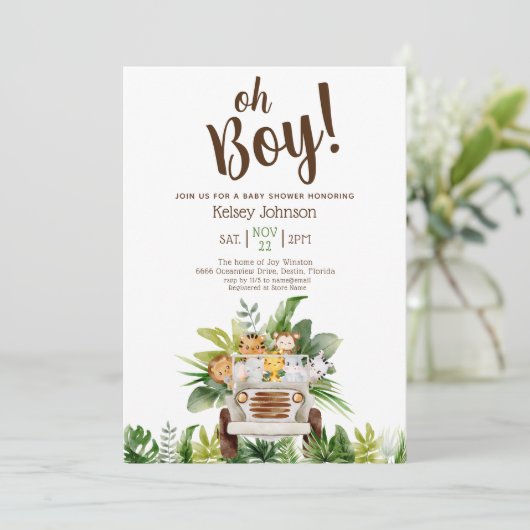 かわいい男の子サファリジャングル動物園の動物の赤ちゃんシャワー 招待状 (スタンド正面)