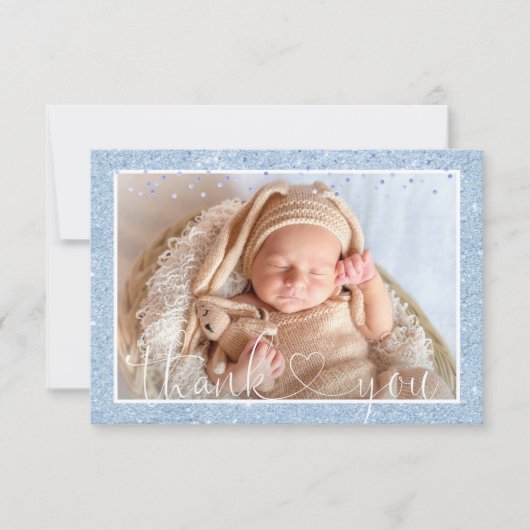 かわいい男の子サンキューブルーグリッター写真誕生 案内状 (正面)