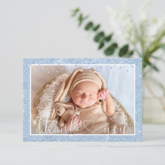かわいい男の子サンキューブルーグリッター写真誕生 案内状 (スタンド正面)