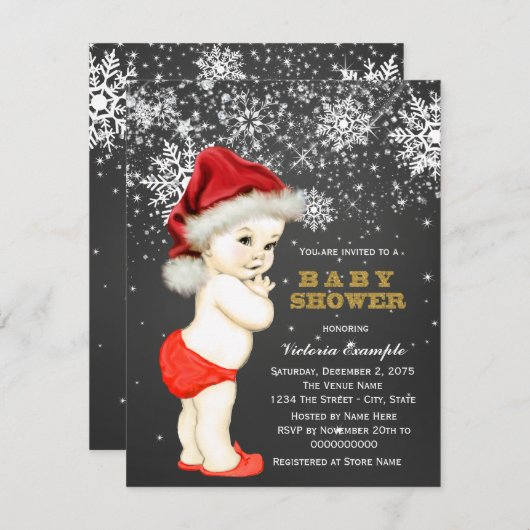 かわいい男の子サンタベビースノーフレーク赤ちゃんシャワー 招待状 (正面/裏面)