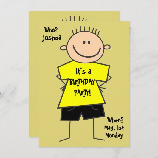 かわいい男の子スティックフィギュア誕生日招待状 招待状 (正面/裏面)