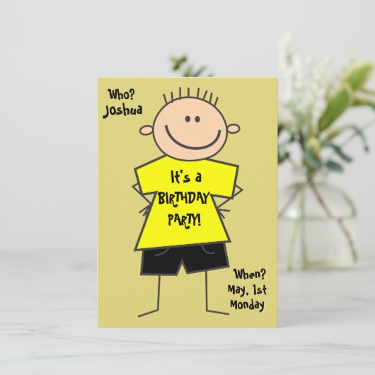 かわいい男の子スティックフィギュア誕生日招待状 招待状 (スタンド正面)