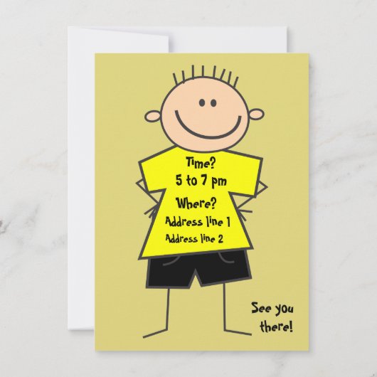 かわいい男の子スティックフィギュア誕生日招待状 招待状 (裏面)