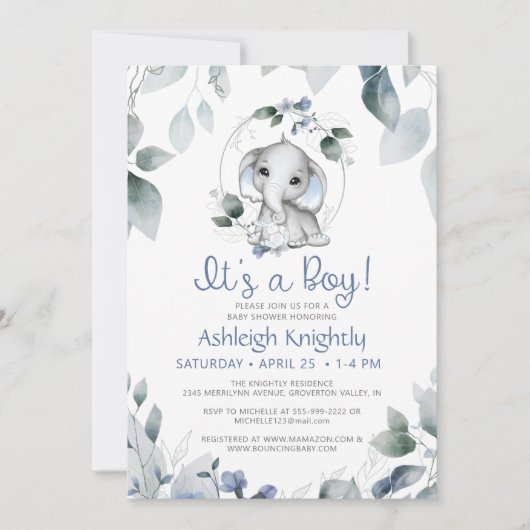 かわいい男の子ゾウ水の色の緑の赤ちゃんシャワー 招待状 (正面)