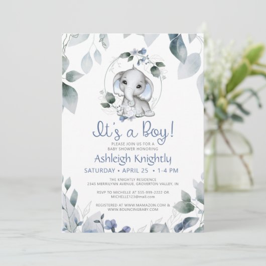 かわいい男の子ゾウ水の色の緑の赤ちゃんシャワー 招待状 (スタンド正面)
