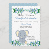 かわいい男の子ゾウ青いフローラ赤ちゃんシャワー 招待状 (正面/裏面)