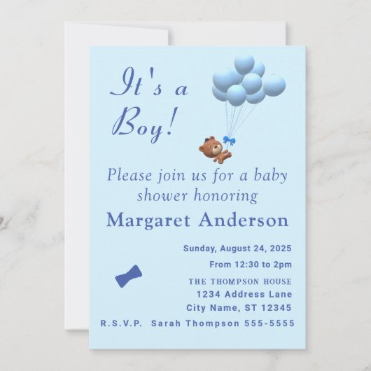 かわいい男の子テディベアとバルーンのテーマインヴィ 招待状 (正面)
