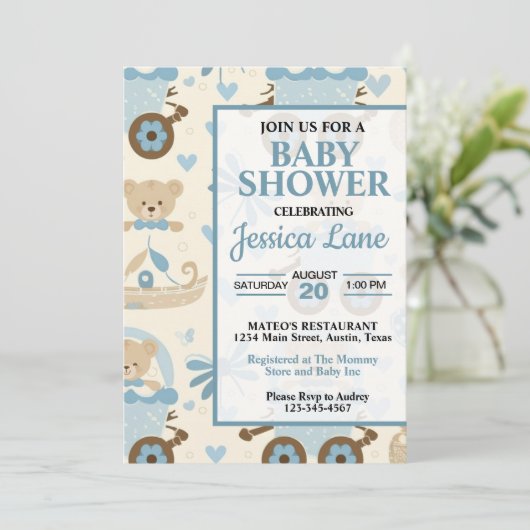 かわいい男の子テディベアベビーシャワー招待状 招待状 (スタンド正面)