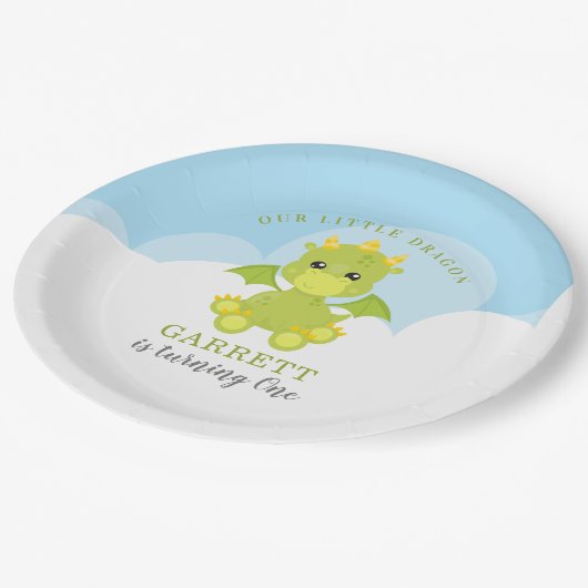 かわいい男の子ドラゴン1歳の誕生日 ペーパープレート (アングル)