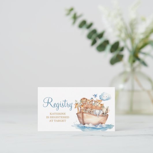 かわいい男の子ノアの箱舟の動物の赤ちゃんシャワーのレジストリ エンクロージャーカード (スタンド正面)