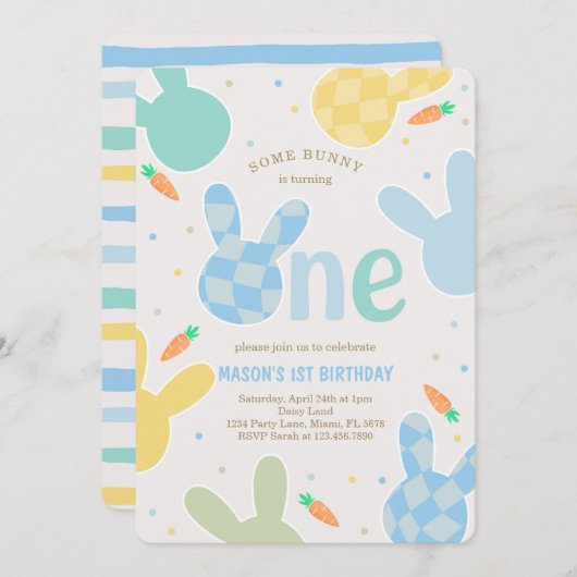 かわいい男の子バニー1歳の誕生日 招待状 (正面/裏面)