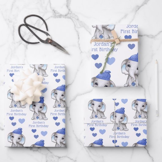 かわいい男の子ファースト誕生日ブルーエレファントパーソナライズされた ラッピングペーパーシート (正面)