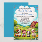 かわいい男の子ファーム動物の赤ちゃんシャワー 招待状 (正面/裏面)