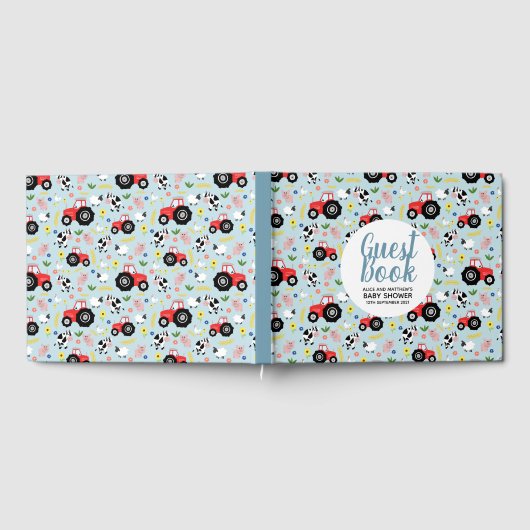 かわいい男の子ファーム動物トラクター漫画の赤ちゃんシャワー ゲストブック (全面)