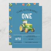 かわいい男の子ファーム動物&レッドトラクター1st誕生日 招待状 (正面/裏面)