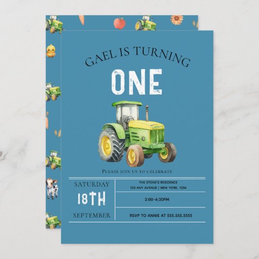 かわいい男の子ファーム動物&レッドトラクター1st誕生日 招待状 (正面/裏面)