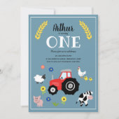 かわいい男の子ファーム動物&レッドトラクター1st誕生日 招待状 (正面)