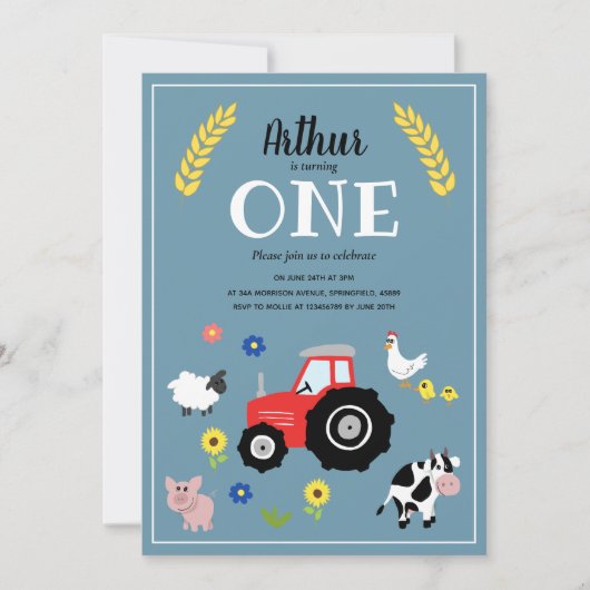 かわいい男の子ファーム動物&レッドトラクター1st誕生日 招待状 (正面)