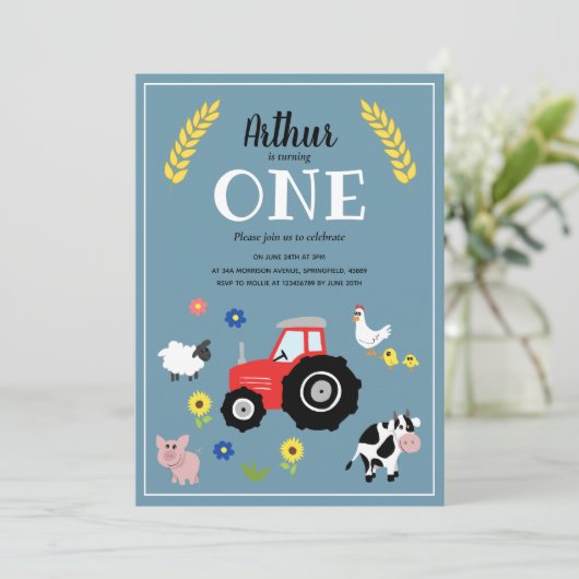 かわいい男の子ファーム動物&レッドトラクター1st誕生日 招待状 (スタンド正面)