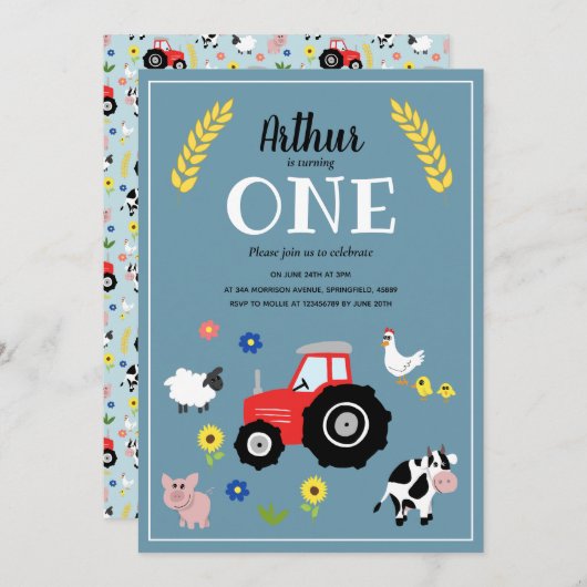 かわいい男の子ファーム動物&レッドトラクター1st誕生日 招待状 (正面/裏面)