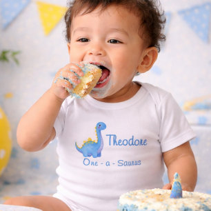 かわいい男の子ブルーウォーターカラーワンナサウルス1歳の誕生日 ベビーボディスーツ