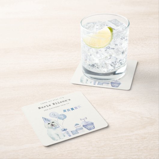 かわいい男の子ブルーパーティー子犬任意の年齢誕生日 スクエアペーパーコースター (インサイチュ)