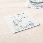 かわいい男の子ブルーパーティー子犬任意の年齢誕生日 スクエアペーパーコースター (アングル)