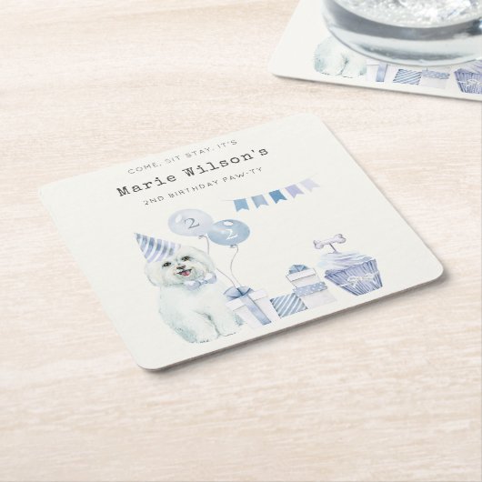 かわいい男の子ブルーパーティー子犬任意の年齢誕生日 スクエアペーパーコースター (アングル)