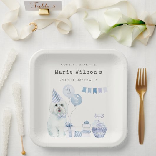 かわいい男の子ブルーパーティー子犬任意の年齢誕生日 ペーパープレート (ウェディング)