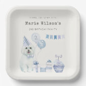 かわいい男の子ブルーパーティー子犬任意の年齢誕生日 ペーパープレート (正面)