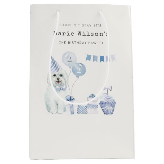 かわいい男の子ブルーパーティー子犬任意の年齢誕生日 ミディアムペーパーバッグ (正面)