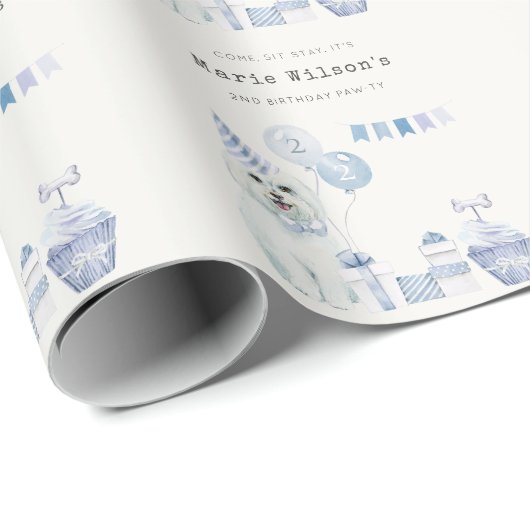 かわいい男の子ブルーパーティー子犬任意の年齢誕生日 ラッピングペーパー (ロールコーナー)