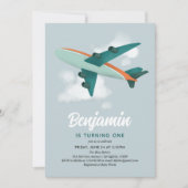 かわいい男の子ブルー飛行機トラベル1歳の誕生日 招待状 (正面)