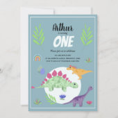 かわいい男の子ブルーTレックス恐竜ジャングル1st誕生日 招待状 (正面)