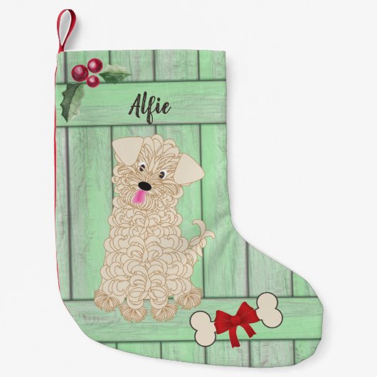 かわいい男の子マルティポ緑の木製フェンスモノグラム スモールクリスマスストッキング (正面)