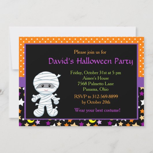 かわいい男の子ミイラのハロウィーンの衣装パーティー 招待状 (正面)