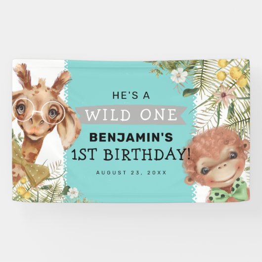 かわいい男の子ワイルドワンジャングル誕生日パーティバナー 横断幕 (横)