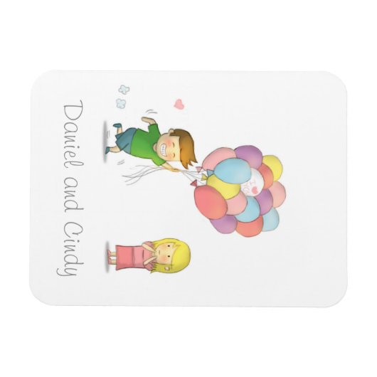 かわいい男の子共有バルーンのある女の子への愛 マグネット (横)