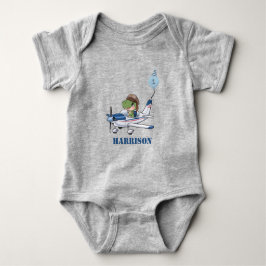 かわいい男の子向けの青い飛行機と恐竜の1歳の誕生日 ベビーボディスーツ