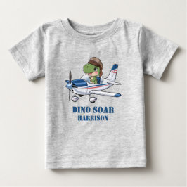かわいい男の子向けの青い飛行機と恐竜の1歳の誕生日 ベビーTシャツ
