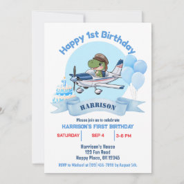 かわいい男の子向けの青い飛行機と恐竜の1歳の誕生日 招待状