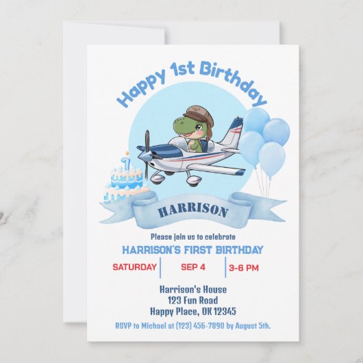 かわいい男の子向けの青い飛行機と恐竜の1歳の誕生日 招待状 (正面)